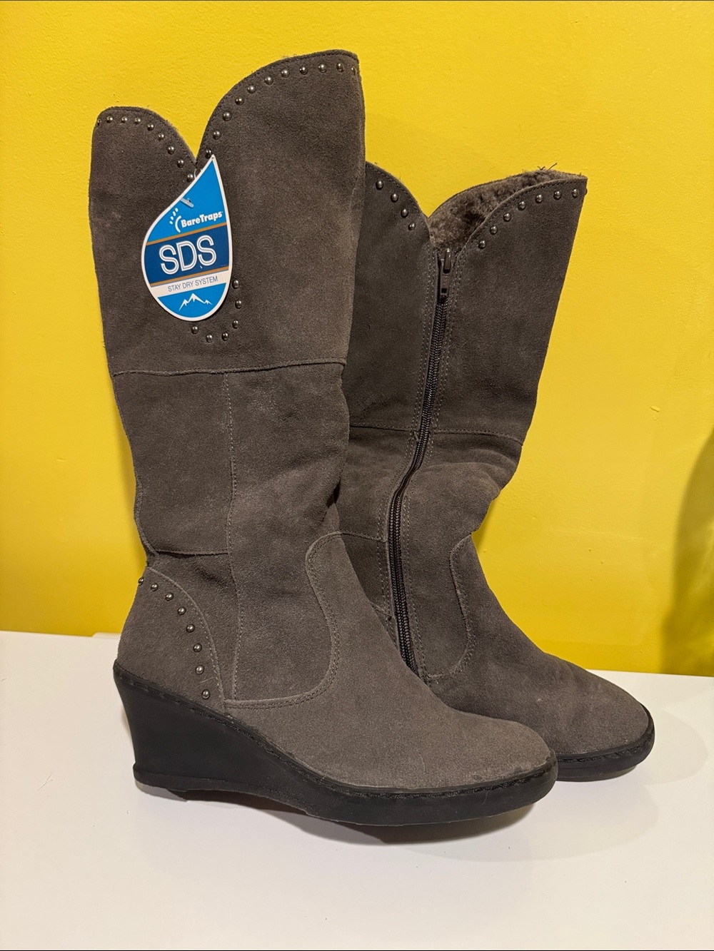 BareTraps Gray Suede Wedge Boots with Stud Accents